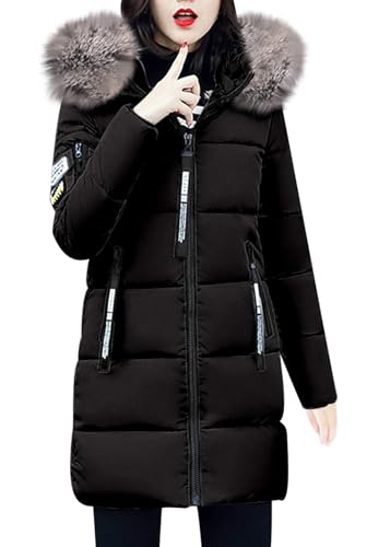 shownicer Wintermantel Damen Winter Jacken Lang Warm Daunenmantel mit Kapuze Elegant Winterjacke Steppmantel mit Fellkapuze Langer Mantel Steppjacke A Schwarz XS von shownicer