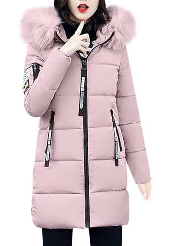 shownicer Wintermantel Damen Winter Jacken Lang Warm Daunenmantel mit Kapuze Elegant Winterjacke Steppmantel mit Fellkapuze Langer Outdoor Mantel Steppjacke A Rosa M von shownicer