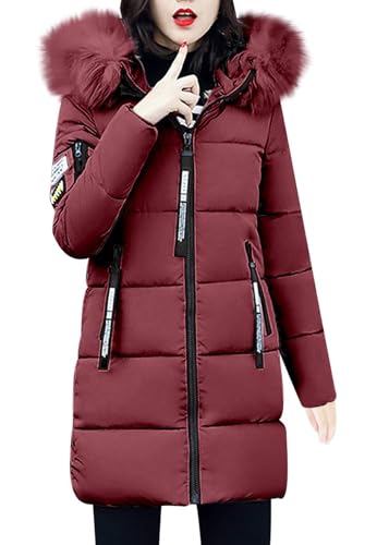 shownicer Wintermantel Damen Winter Jacken Lang Warm Daunenmantel mit Kapuze Elegant Winterjacke Steppmantel mit Fellkapuze Langer Outdoor Mantel Steppjacke A Weinrot 3XL von shownicer