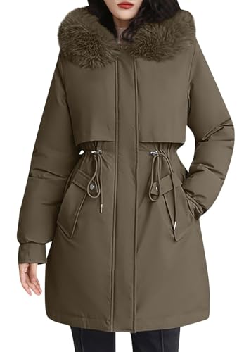 shownicer Wintermantel Damen Winter Jacken Lang Warm Daunenmantel mit Kapuze Elegant Winterjacke Steppmantel mit Fellkapuze Langer Outdoor Mantel Steppjacke B Braun XL von shownicer