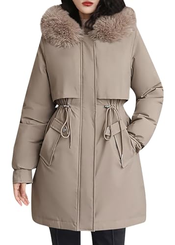 shownicer Wintermantel Damen Winter Jacken Lang Warm Daunenmantel mit Kapuze Elegant Winterjacke Steppmantel mit Fellkapuze Langer Outdoor Mantel Steppjacke B Khaki XS von shownicer