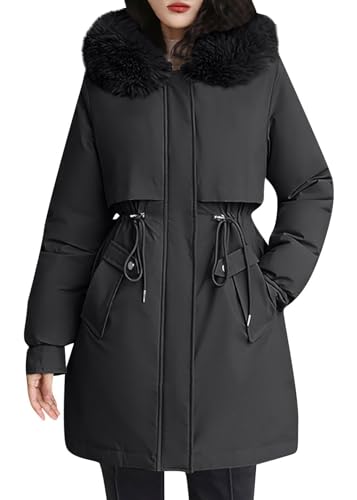 shownicer Wintermantel Damen Winter Jacken Lang Warm Daunenmantel mit Kapuze Elegant Winterjacke Steppmantel mit Fellkapuze Langer Outdoor Mantel Steppjacke B Schwarz XXL von shownicer