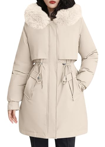 shownicer Wintermantel Damen Winter Jacken Lang Warm Daunenmantel mit Kapuze Elegant Winterjacke Steppmantel mit Fellkapuze Langer Outdoor Mantel Steppjacke B Weiß S von shownicer