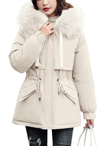 shownicer Wintermantel Damen Winter Jacken Lang Warm Daunenmantel mit Kapuze Elegant Winterjacke Steppmantel mit Fellkapuze Langer Outdoor Mantel Steppjacke Übergangsmantel A Beige L von shownicer