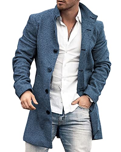 shownicer Wintermantel Herren Langarm Stehkragen Trenchcoat Schlank Business Freizeit Winddichte Mantel mit Knopf Winter Warm Cardigan Lang Outwear Jacke D Blau L von shownicer