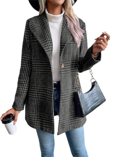 shownicer Wollmantel Damen Karierte Trenchcoat Elegant Langarm Revers Winter Mantel Geknöpfte Tweed Jacke Übergangsjacke A Grau XS von shownicer