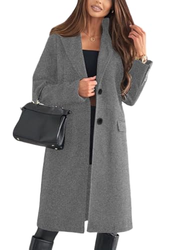 shownicer Wollmantel Damen Trenchcoat Lang Wintermantel Elegante Übergangsjacke Einfarbig Freizeitjacke Mit Taschen Warme Winterjacke A Grau L von shownicer