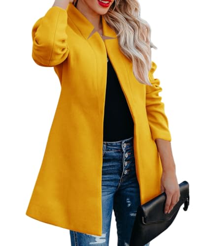 shownicer Wollmantel Damen Winter Warm Jacke Trenchcoat Elegant Langer Mantel Revers Wintermantel Einfarbig Winterjacke Übergangsjacke Outdoor A Gelb S von shownicer