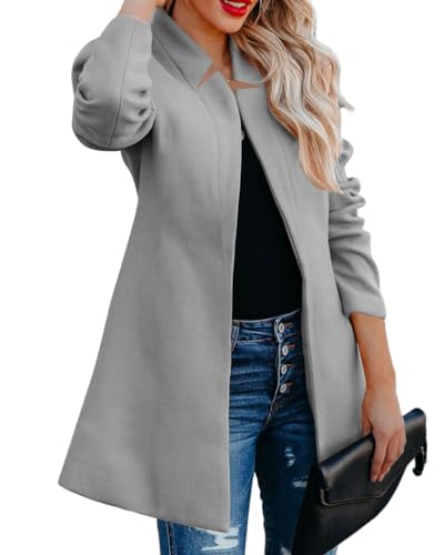 shownicer Wollmantel Damen Winter Warm Jacke Trenchcoat Elegant Langer Mantel Revers Wintermantel Einfarbig Winterjacke Übergangsjacke Outdoor A Hellgrau S von shownicer