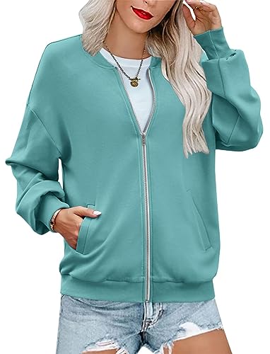 shownicer Zip Sweatshirt Damen übergroße Jacket Sweatshirt Einfarbige Loose Langarm Tops Oberteile mit Tasche Reißverschluss Herbst Frühling Jacke Stehkragen A Seeblau XL von shownicer