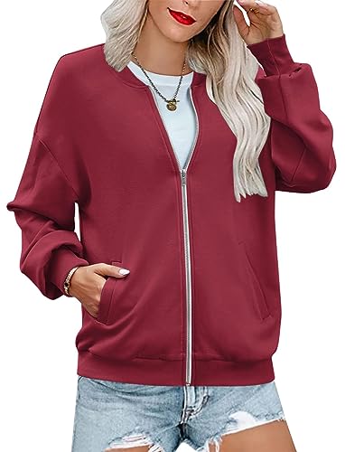 shownicer Zip Sweatshirt Damen übergroße Jacket Sweatshirt Einfarbige Loose Langarm Tops Oberteile mit Tasche Reißverschluss Herbst Frühling Jacke Stehkragen A Weinrot XXL von shownicer