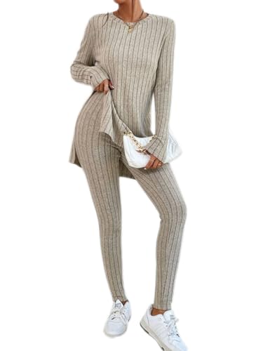 shownicer Zweiteiler Damen 2 Teilig Langarm Pullover Und Hose Zweiteiler Outfit Freizeitanzug Sportanzug Hosenanzug Loungewear Set D Aprikose L von shownicer