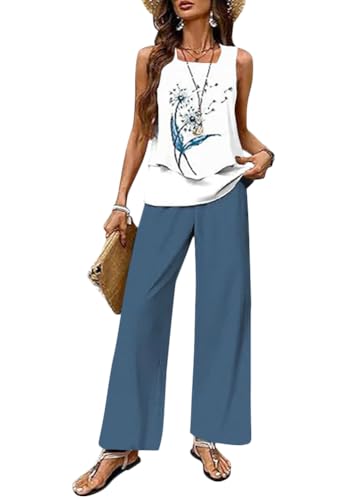 shownicer Zweiteiler Damen Elegant Hosenanzug 2 Teiler Sommer Set Ärmellose Top Und Weite Hose Freizeitanzug Sommer Outfit Streatwear Anzug A Blau3 XL shownicer Zweiteiler Damen Elegant Hosenanzug 2 Teiler Sommer Set Ärmellose Top Und Weite Hose Freizeitanzug Sommer Outfit Streatwear Anzug A Blau3 XL von shownicer
