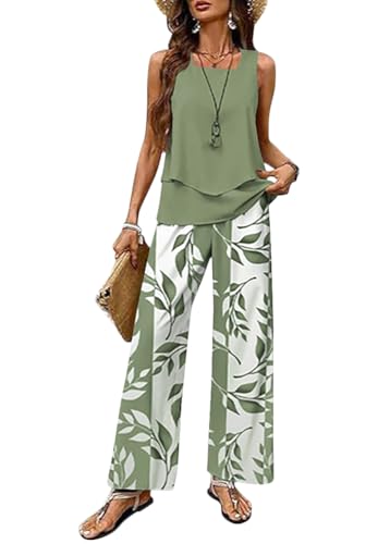 shownicer Zweiteiler Damen Elegant Hosenanzug 2 Teiler Sommer Set Ärmellose Top Und Weite Hose Freizeitanzug Sommer Outfit Streatwear Anzug A Grün1 S von shownicer