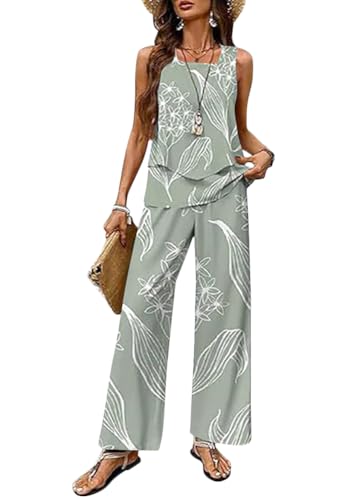 shownicer Zweiteiler Damen Elegant Hosenanzug 2 Teiler Sommer Set Ärmellose Top Und Weite Hose Freizeitanzug Sommer Outfit Streatwear Anzug A Grün5 L von shownicer