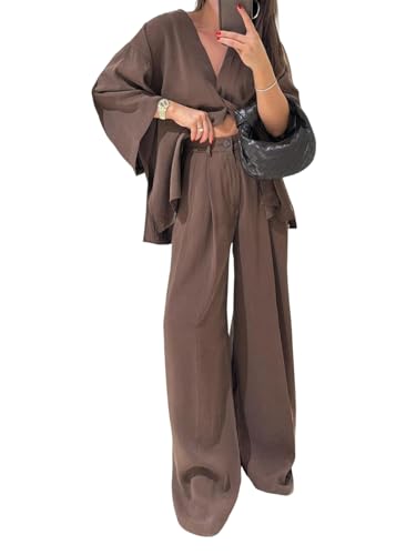 shownicer Zweiteiler Damen Elegant Hosenanzug 2 Teiler Sommer Set Langarm Bluse Und Weite Hose Freizeitanzug Sommer Outfit Streatwear Anzug A Kaffee M von shownicer