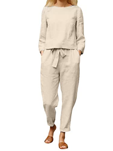 shownicer Zweiteiler Damen Hose und Langarm Tops 2 Teiler Sommer Elegant Freizeitanzug Set Casual Einfarbig Outfit Lockere Sportanzug Rundhals Taille Hausanzug Jogginghose mit Taschen Beige 3XL von shownicer