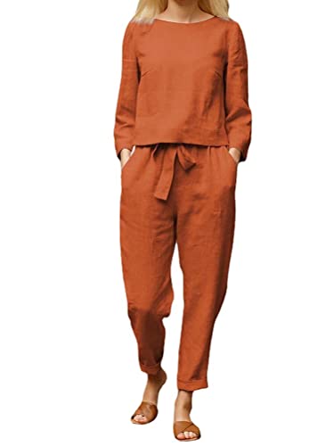 shownicer Zweiteiler Damen Hose und Langarm Tops 2 Teiler Sommer Elegant Freizeitanzug Set Casual Einfarbig Outfit Lockere Sportanzug Rundhals Taille Hausanzug Jogginghose mit Taschen Orange1 M von shownicer
