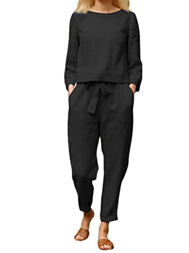 shownicer Zweiteiler Damen Hose und Langarm Tops 2 Teiler Sommer Elegant Freizeitanzug Set Casual Einfarbig Outfit Lockere Sportanzug Rundhals Taille Hausanzug Jogginghose mit Taschen Schwarz 3XL von shownicer