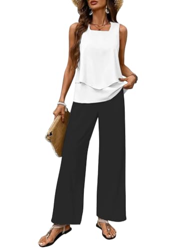 shownicer Zweiteiler Damen Hosenanzug Elegant Sommer Ärmelloses Tank Top Und Hose 2 Teiler Outfits Freizeitanzug A Weiß M von shownicer