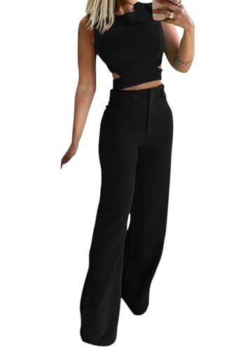 shownicer Zweiteiler Damen Hosenanzug Elegant Sommer Outfits Ärmelloses Tank Top Und Hose 2 Teiler Freizeitanzug Mit Taschen Frauen Leicht Einfarbig Lounge Set Streetwear A Schwarz M von shownicer