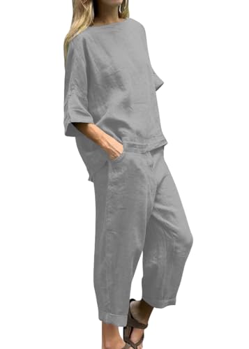 shownicer Zweiteiler Damen Leinenanzug Lounge Set Kurzarm T-Shirts und Hose 2 Teiler Anzug Set Leinen Freizeitanzug Casual Hosenanzug Einfarbig Loungewear Sommer Outfits A Grau XXL von shownicer