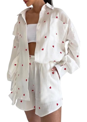 shownicer Zweiteiler Damen Lounge Set 2 Teiler Set Sommer Outfits Kleidung Homewear Set Bluse Top + Shorts Loungewear Streatwear Anzug Für Valentinstag A Weiß M von shownicer