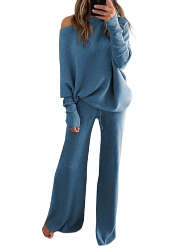 shownicer Zweiteiler Damen Lounge Set Rundhals Einfarbig Loungewear Gerippt Top mit Hose 2-Teiliges Hausanzug Jogginganzug Freizeit Outfit A Blau 3XL von shownicer