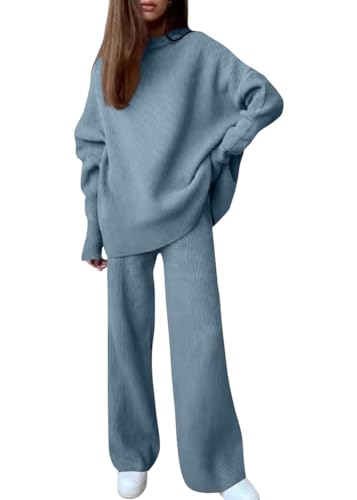 shownicer Zweiteiler Damen Rundhals Einfarbig Loungewear Gerippt Top mit Hose 2-Teiliges Hausanzug Jogginganzug Freizeit Outfit B Blau 3XL von shownicer