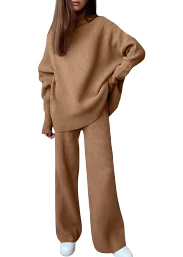 shownicer Zweiteiler Damen Rundhals Einfarbig Loungewear Gerippt Top mit Hose 2-Teiliges Hausanzug Jogginganzug Freizeit Outfit B Khaki S von shownicer