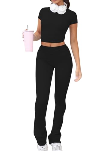 shownicer Zweiteiler Damen Sexy Y2K Crop Tops + Hohe Taille Strech Yogahose Eng Strick 2 Teilig Lounge Set Streetwear Freizeitanzug A Schwarz M von shownicer