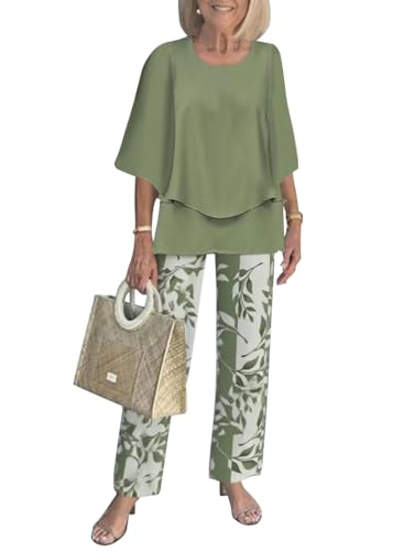 shownicer Zweiteiler Damen Sommer 3/4 Ärmel Top und Hose Mit Weitem Bein 2 Teiler Set Freizeitanzug A Grün XL von shownicer