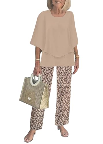 shownicer Zweiteiler Damen Sommer 3/4 Ärmel Top und Hose Mit Weitem Bein 2 Teiler Set Freizeitanzug A Khaki 3XL von shownicer
