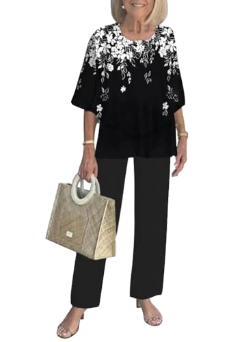 shownicer Zweiteiler Damen Sommer 3/4 Ärmel Top und Hose Mit Weitem Bein 2 Teiler Set Freizeitanzug A Schwarz XXL von shownicer