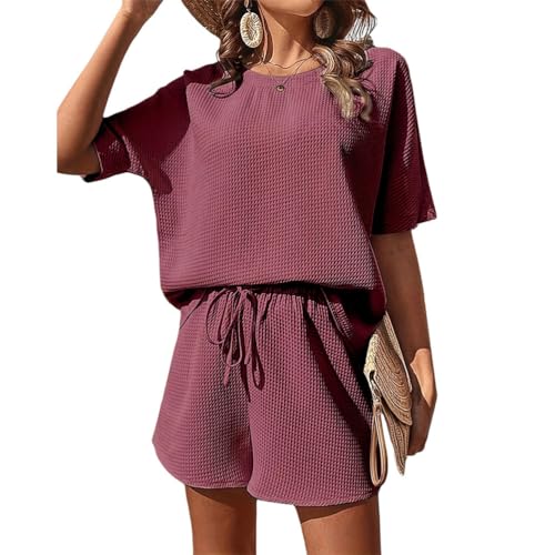 shownicer Zweiteiler Damen Sommer Kurzarm Top und Shorts Set Freizeitanzug Einfarbig 2 Teiler Hausanzug Loungewear Outfit Jogger Sport Anzug B Weinrot S von shownicer