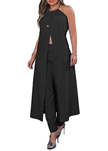 shownicer Zweiteiler Damen Sommer Outfit Lang Weste Und Hose Anzug Modern Hosenanzug Festlich Elegant 2 Teilig Casual Anzug Bekleidungsset Freizeitanzug Set Business Suit A Schwarz XXL von shownicer