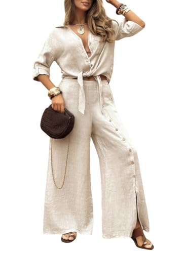 shownicer Zweiteiler Damen Sommer Outfits 2 Teiler Freizeitanzug Langarm Bluse Und Weite Hose Leinenanzug Elegant Hosenanzug Casual Hausanzug A Aprikose L von shownicer