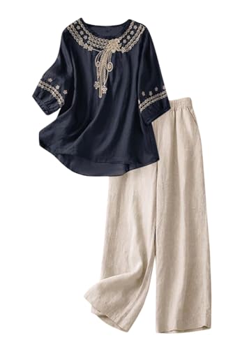 shownicer Zweiteiler Damen Sommer Outfits Elegant 2 Teiler Hosenanzug Casual Hausanzug Leinen Set Halbam Ärmel Freizeitanzug Herbst A Schwarz 3XL von shownicer