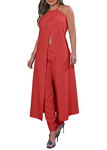 shownicer Zweiteiler Damen Sommer Set Elegant Hosenanzug Leinenanzug Shirt Loungewear Set + High Waist Freizeithose Weite Hose Outfit Casual Streatwear A Rot 3XL von shownicer