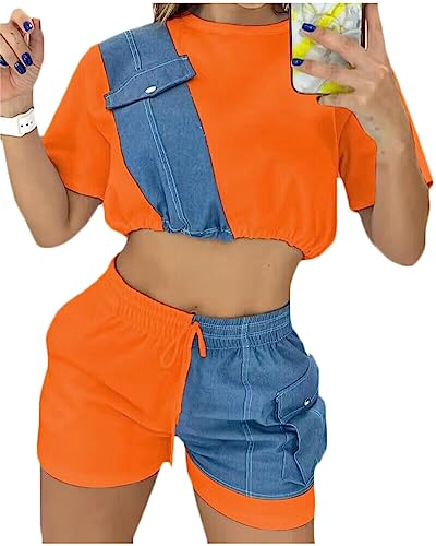 shownicer Zweiteiler Damen Sommer Shorts und Kurzarm Crop Top Sets Mode Druck Freizeitanzug 2-Teiler Outfits Kleidung Jogginganzug Streetwear A Orange02 S von shownicer