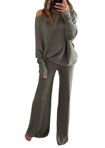 shownicer Zweiteiler Damen Strickanzug Langarm Gerippt Strickpullover Sportanzug Lounge Set Freizeit Outfit Zweiteiler Damen Freizeit Set A Grau XL von shownicer