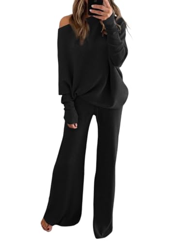 shownicer Zweiteiler Damen Strickanzug Langarm Gerippt Strickpullover Sportanzug Lounge Set Freizeit Outfit Zweiteiler Damen Freizeit Set A Schwarz L von shownicer