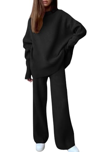 shownicer Zweiteiler Damen Strickanzug Langarm Strickpullover Sportanzug Lounge Set Freizeit Outfit Zweiteiler Damen Freizeit Set B Schwarz XS von shownicer