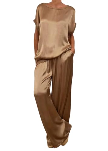 shownicer Zweiteiler Hausanzug Damen Sommer Outfits Kurzarm 2 teiler Freizeitanzug Jogginganzug Trainingsanzug Sport Lounge Set Elegant A Dunkelbraun XL von shownicer