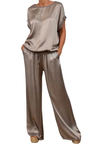 shownicer Zweiteiler Hausanzug Damen Sommer Outfits Kurzarm 2 teiler Freizeitanzug Jogginganzug Trainingsanzug Sport Lounge Set Elegant A Dunkelgrau XL von shownicer