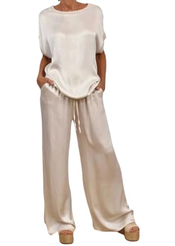 shownicer Zweiteiler Hausanzug Damen Sommer Outfits Kurzarm 2 teiler Freizeitanzug Jogginganzug Trainingsanzug Sport Lounge Set Elegant A Weiß XL von shownicer