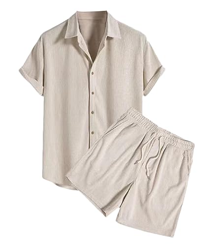 shownicer Zweiteiler Herren Freizeitanzug 2-Teilig Kurzarmhemd und Shorts Sets Outfits Sommer Einfarbig Cord Strandanzug Button-Up Revers Beach Shirt Kurze Hose Set B Aprikose L von shownicer