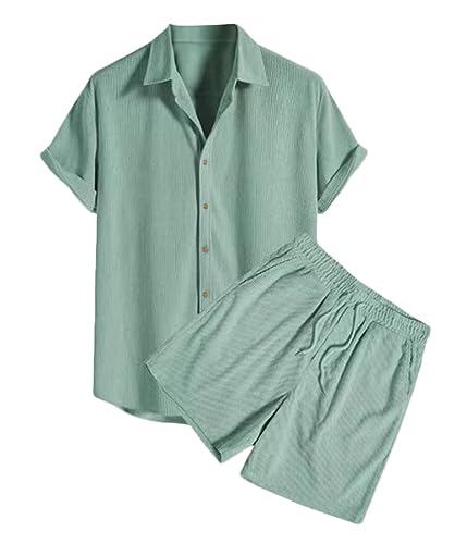 shownicer Zweiteiler Herren Freizeitanzug 2-Teilig Kurzarmhemd und Shorts Sets Outfits Sommer Einfarbig Cord Strandanzug Button-Up Revers Beach Shirt Kurze Hose Set B Grün M von shownicer