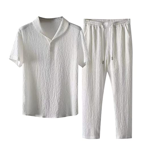 shownicer Zweiteiler Herren Leinenanzug Leinen Freizeitanzug Sommer 2-Teiliges Shirt Kurzarm und Strandhose aus Baumwolle und Leinen Hausanzug Jogginganzug Yoga Anzug A Weiß 3XL von shownicer
