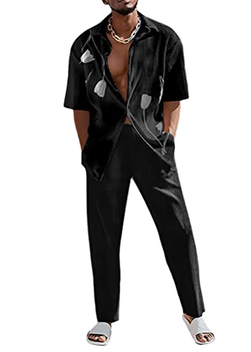 shownicer Zweiteiler Herren Leinenanzug Sommer Freizeitanzug Einfarbig 2-teilig Langarm Button-Up Stehkragen Hemd und Shorts Beach Strand Shirt Kurze Hose Set Anzug B Stil02 3XL von shownicer